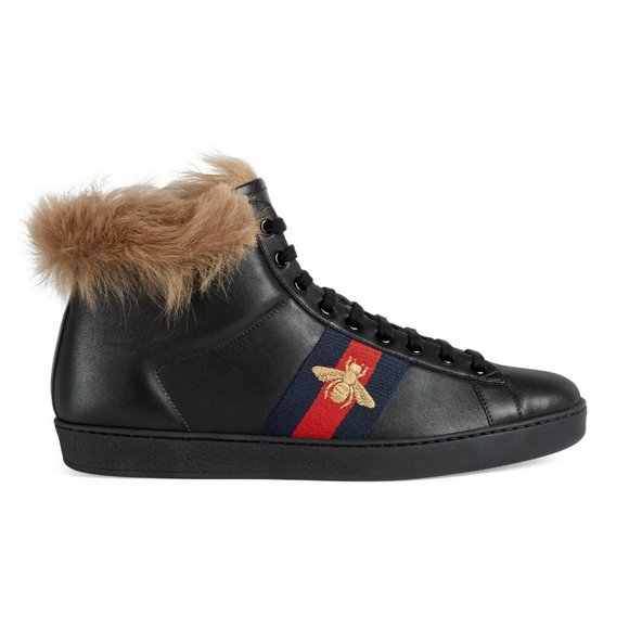 New Authentic Gucci Ace High-Top Sneaker With Fur - Picture 1 of 11